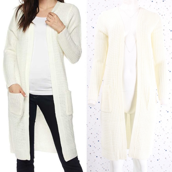 Waffle Knit Duster Long Sweater Cardigan Ivory - Picture 1 of 7